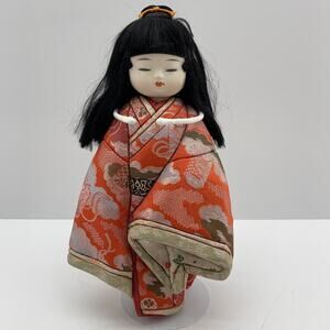 Vintage Gofun Japanese Ichimatsu Girl Doll Black Hair Silk Kimono Ningyo 11.5"